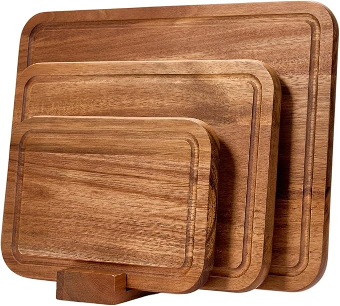Acacia Wood Cutting Board Set with Holder, Wooden Cutting Boards for Kitchen, Reversible Chopping... | Amazon (US)