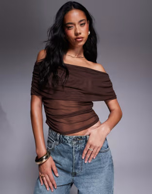 ASOS DESIGN mesh fold-over ruched off-shoulder top in chocolate | ASOS (Global)
