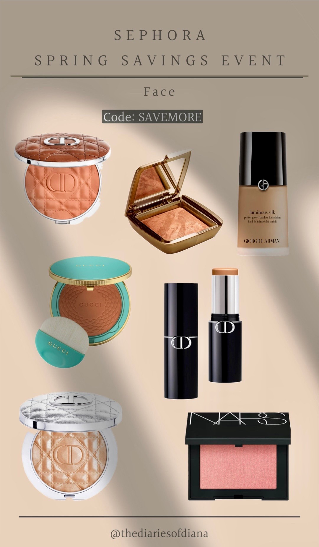 Sephora Spring Sale Event 

All about the face 

Dior bronzer, Hourglass bronzer, Armani luminous foundation (5.75), Dior foundation stick, Gucci Bronzer, Dior highlight, NARS Blush (orgasm) 

#LTKBeauty #LTKSaleAlert #LTKSeasonal