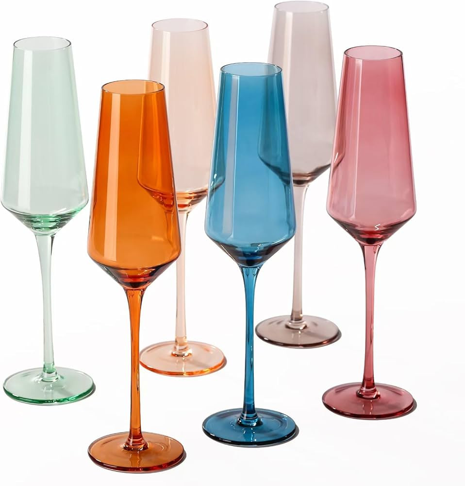 Colored Champagne Flutes Set of 6, Large 8.5 Oz Hand Blown Crystal Glasses,Wedding Gifts-Color Ch... | Amazon (US)