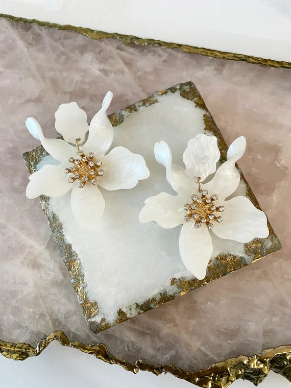 LUNA - White Flower Earrings, Bridal Earrings, Wedding Earrings, Flower Earrings, Crystal Earring... | Etsy (US)