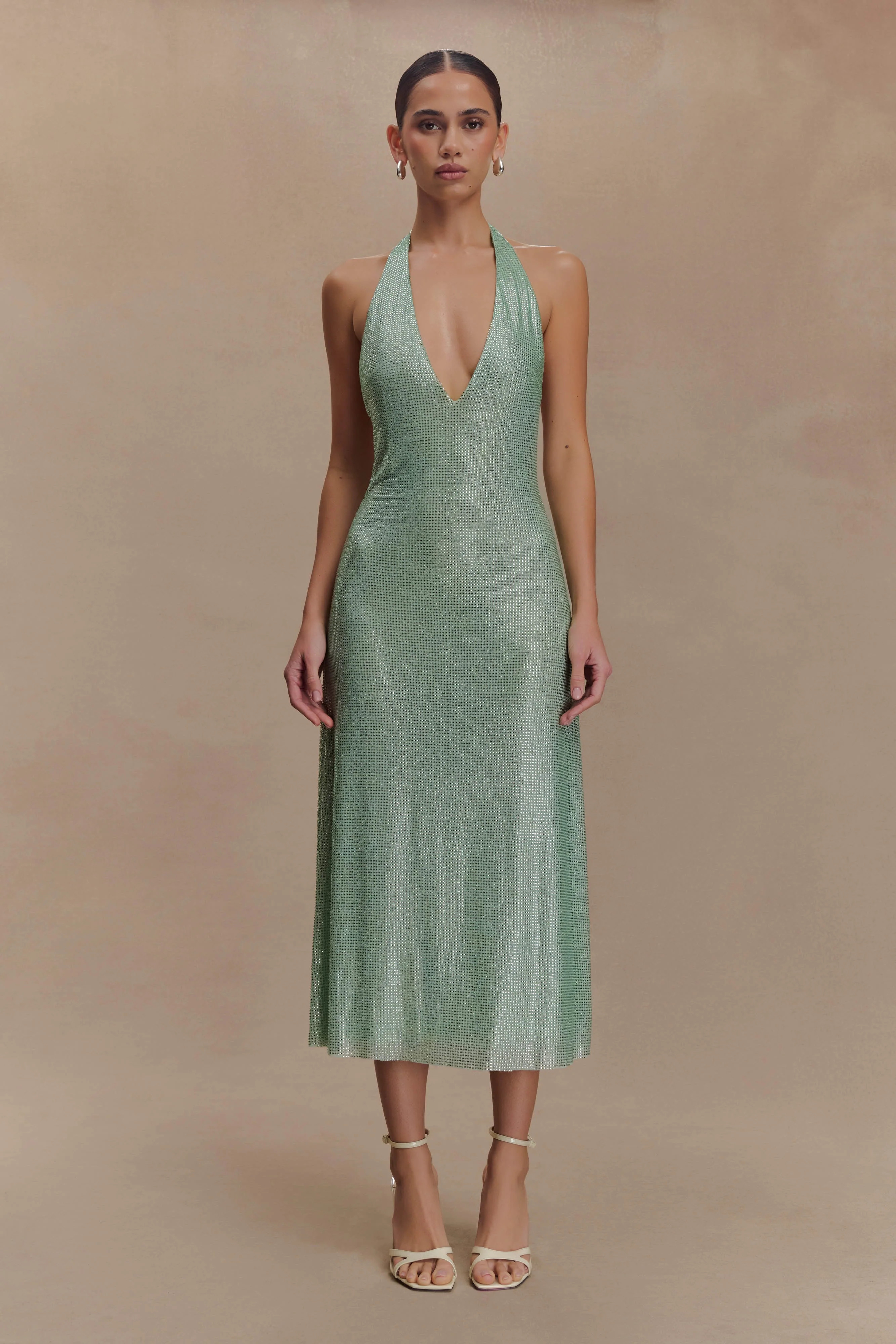 Genie Diamante Halter Midi Dress - Mint | MESHKI US