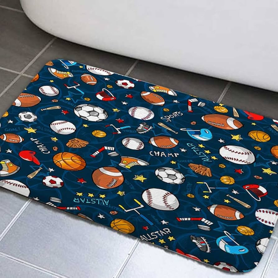 JAWO Sport Bath Mat, Boys Basketball Football Bathroom Rug Shower Floor, Baseball Soccer Hockey S... | Amazon (US)