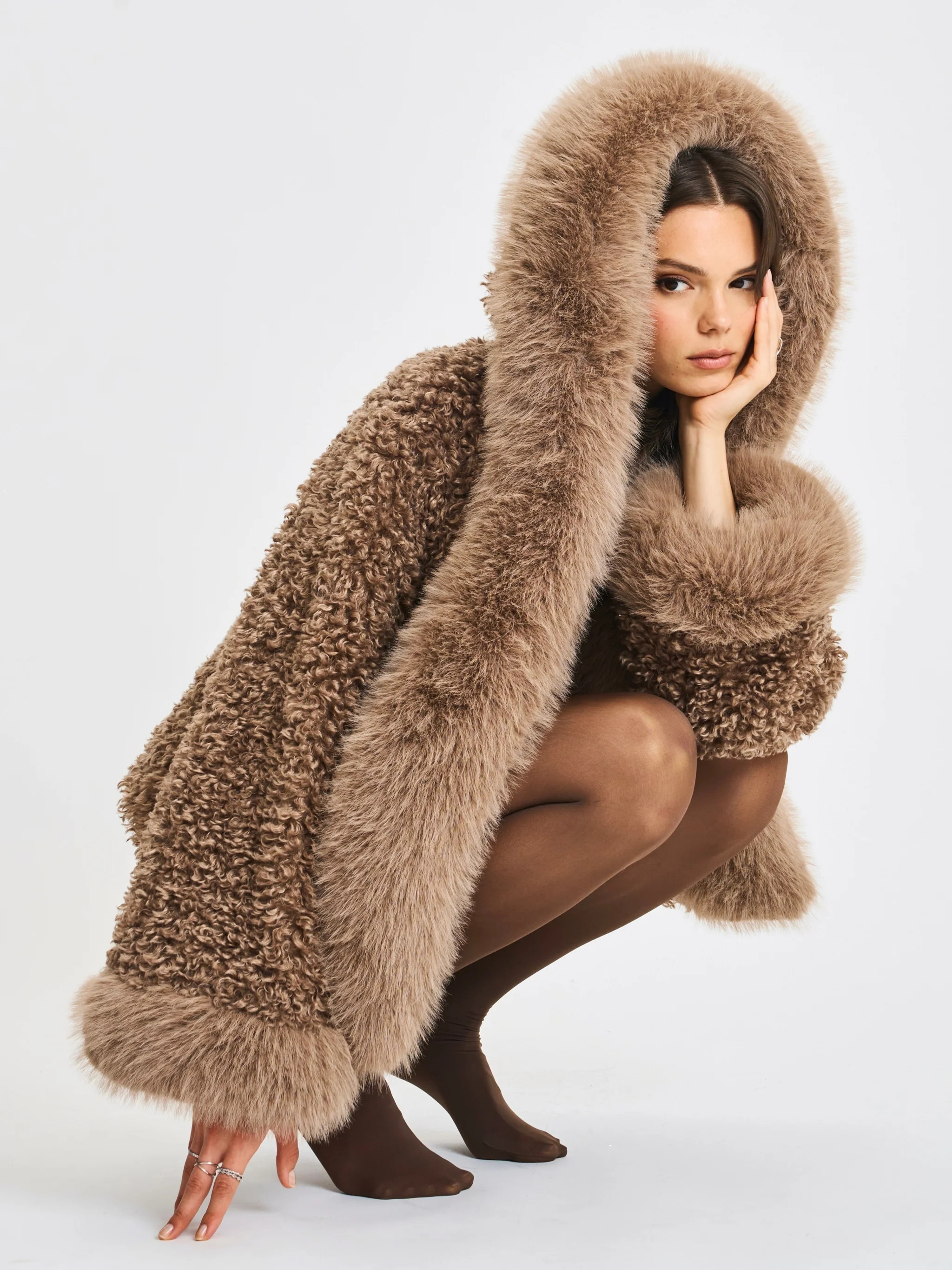 Jumbo Kali Camel Vegan Shearling Fur Trimmed Coat | Miss Circle