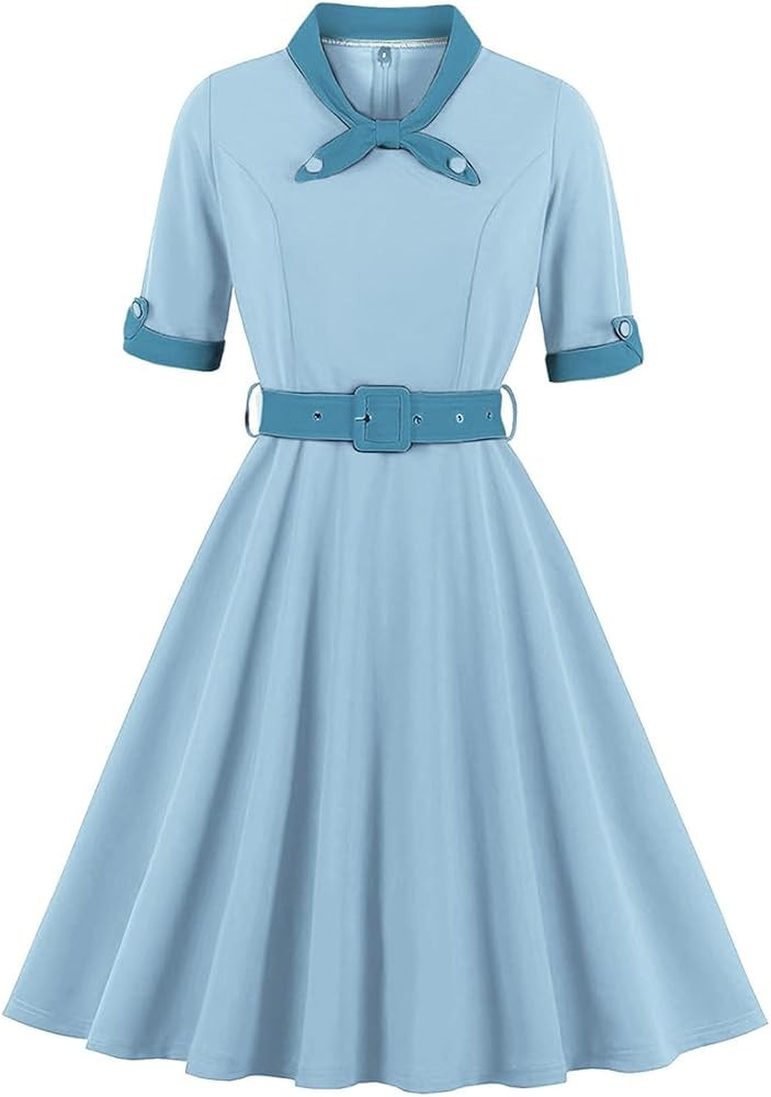 1950s Dresses for Women Vintage Rockabilly Retro Short Sleeve Tie Midi Dress Cocktail Party Eveni... | Amazon (US)