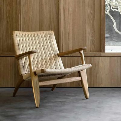 Boho Solid Wood Outdoor Patio Lounge Chair Armchair Kraft Paper Rope Woven Seat | Homary.com