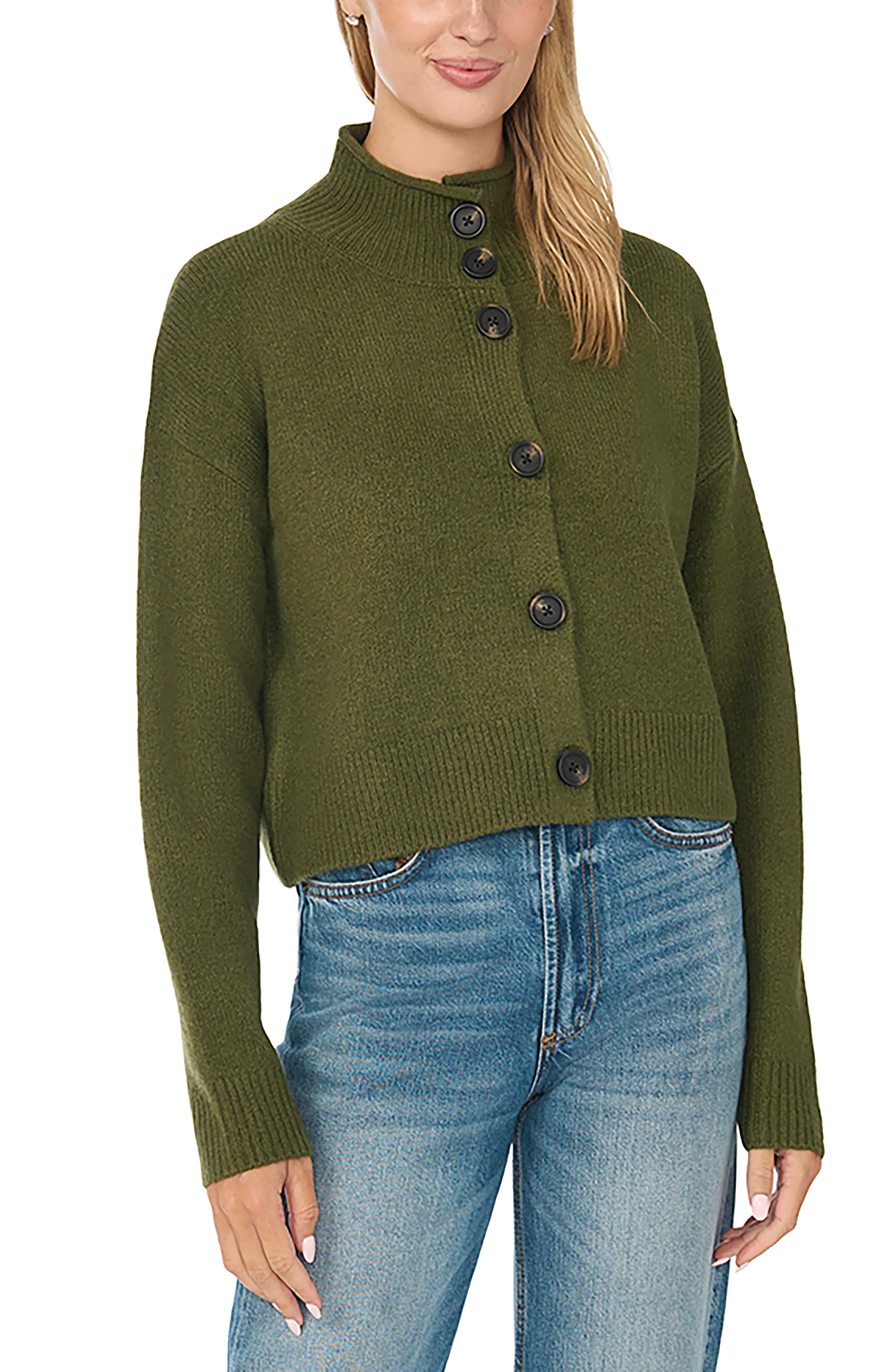 CeCe Roll Edge Mock Neck Cardigan (Women) | Nordstrom | Nordstrom