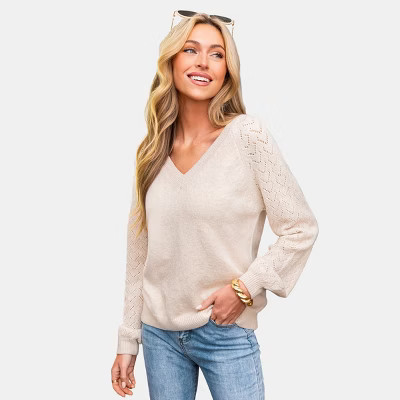 Women's Cozy Chic V-Neck Knit Sweater with Lace Detailing - Cupshe-L-Beige | Target