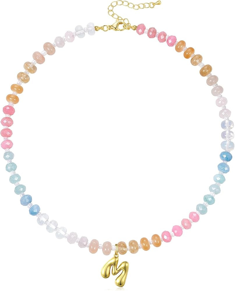 KissYan Initial Necklaces for Women, Colorful Beaded Gemstone Choker 14K Gold Bubble Letter Penda... | Amazon (US)