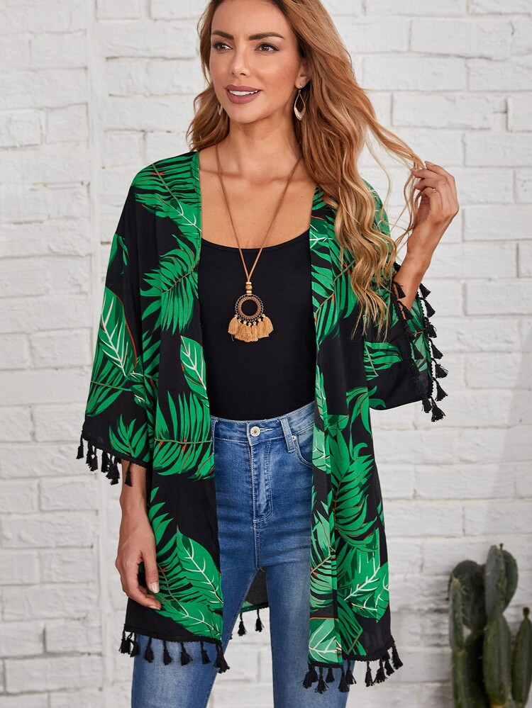 EMERY ROSE Fringe Trim Tropical Print Kimono | SHEIN