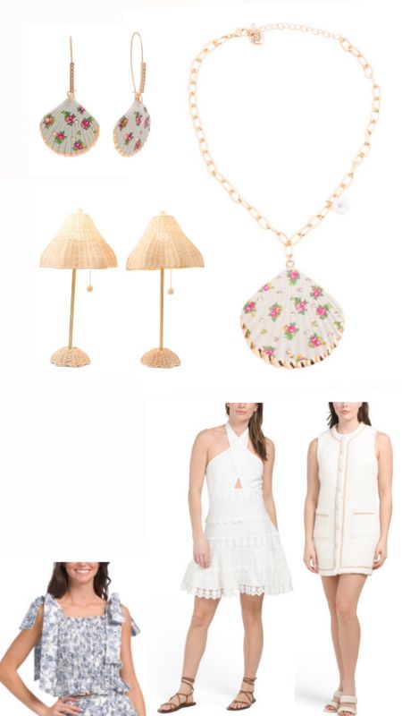 Tj maxx finds, rattan lamps, shell flora necklace, shell earrings, white scallop lace dress 