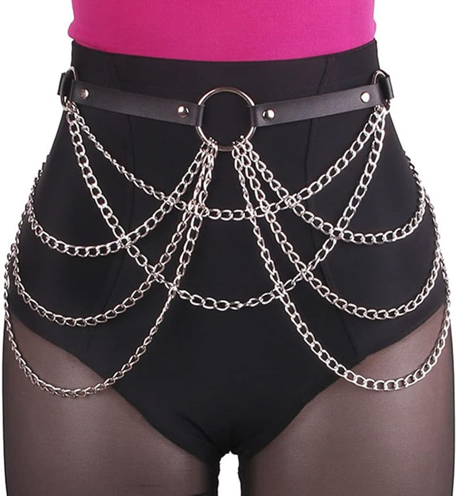 COSYDAYS Black Waist Chain Belt Leather Rave Goth Belts Punk Body Chain Jewelry for Women | Amazon (US)