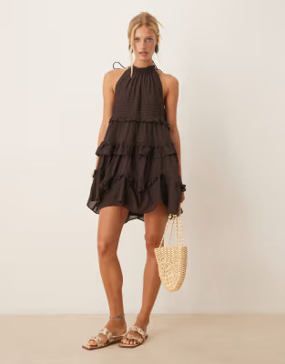 ASOS DESIGN halter ruffle mini dress with pintucks in chocolate | ASOS | ASOS (Global)
