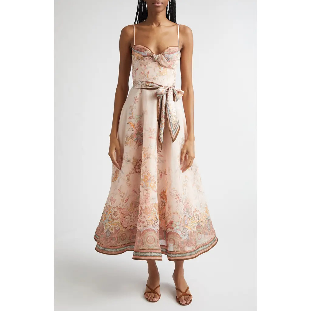 Zimmermann Alchemy Paisley Structured Linen & Silk Organza Midi Dress in Pink Paisley at Nordstrom, Size 2 | Nordstrom