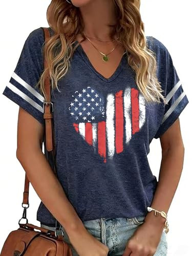 American Flag Shirts Women 4th of July V-Neck Short Sleeve Patriotic T-Shirt Memorial Day Graphic... | Amazon (US)