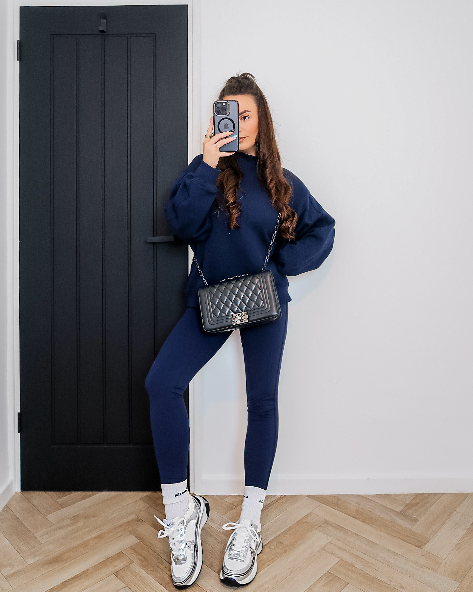 navy leggings set, Couture Club co-ord, navy sweatshirt and leggings outfit, Chanel silver trainers, Adanola socks, casual everyday outfit, off duty style, comfy chic, WFH outfit ideas, crossover leggings 

#LTKeurope #LTKfitness #LTKuk
