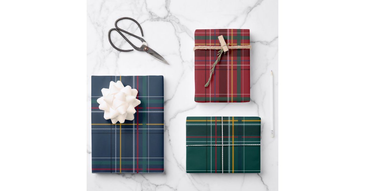 Christmas plaid coordinating red navy green wrapping paper sheets | Zazzle
