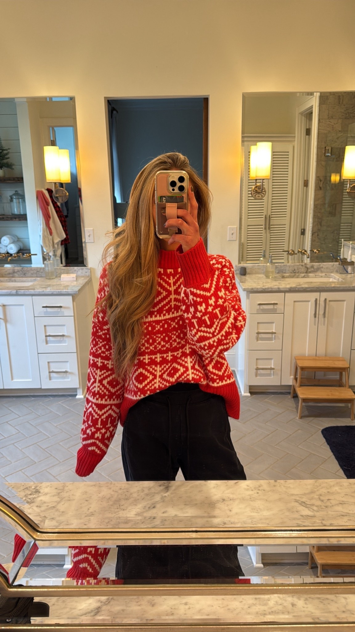 Just bought this fair isle red sweater for an option for an outfit for the school Christmas program - sized up to a M for a cozier oversized fit but I could’ve also stuck with my true size small! On major sale right now for Black Friday / cyber Monday !! 
