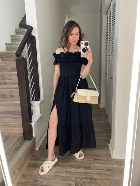 Summer dress 🖤 This midi dress is so flattering and breathable in a poplin fabric. Love the off shoulder detail with ruffles, plus it has pockets! Think brunch, vacation, sightseeing. It’s currently on sale! 

Summer dress, summer outfit, raffia bag, raffia purse, designer purse, sandals, Abercrombie, The Stylizt 

#LTKFindsUnder100 #LTKStyleTip #LTKSeasonal