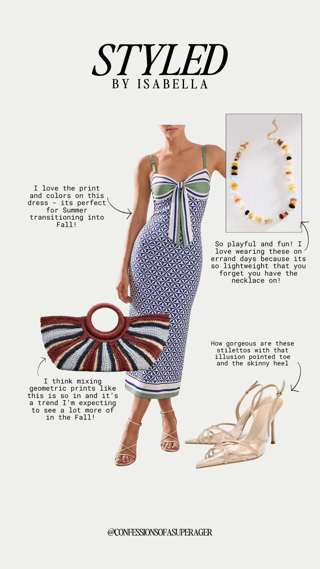 This print is EVERYTHING! 💙🤍 A chic geometric midi dress styled with strappy heels, a woven statement bag, and playful beaded jewelry—the perfect transitional outfit to take you from late summer into fall. Shop the full look and save this one for your next brunch, lunch date, or special occasion! ✨ #FallFashion #TransitionalStyle #MidiDress #GeometricPrint #SummerToFall #FallOutfits #ElegantStyle #Over50Fashion #FashionOver50 #AgelessStyle #ClassicStyle #StatementAccessories #LTKFashion #LTKStyle #LTKFinds #ShopMyLook #ConfessionsOfASuperAger

#LTKootd #LTKOver40 #LTKSaleAlert