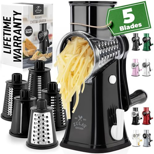 Zulay Kitchen Rotary Cheese Grater 5 Blade Cheese Shredder - Manual Hand Crank Cheese Grater With Reinforced Suction & 5 Interchangeable Drums - Easy to Use, Vegetable Chopper Round Mandoline Slicer | Amazon (US)
