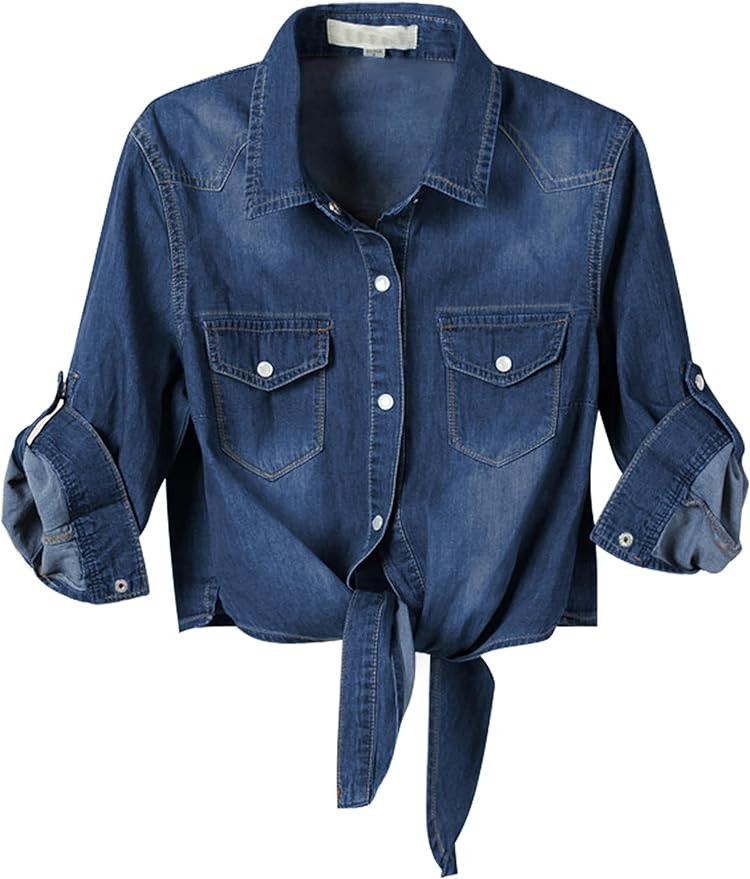 Women's 3/4 Sleeve Modern Denim Crop Top Tie Knot Shirt Chambray Cardigan | Amazon (US)