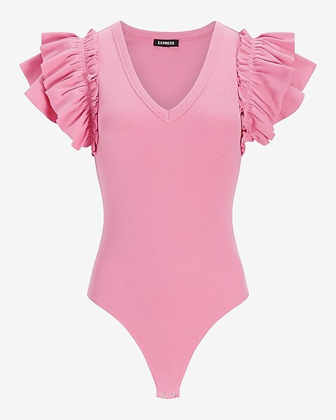 V-Neck Ruffle Sleeve Thong Bodysuit | Express