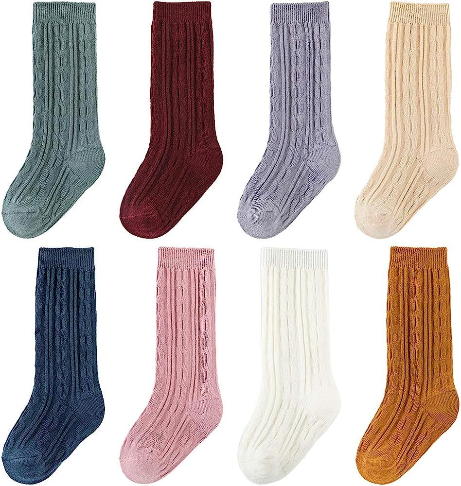 Toddler Knee High Socks 8 Pairs Baby Little Girls Thick Cable Knit Cotton Stockings 0-5T | Amazon (US)