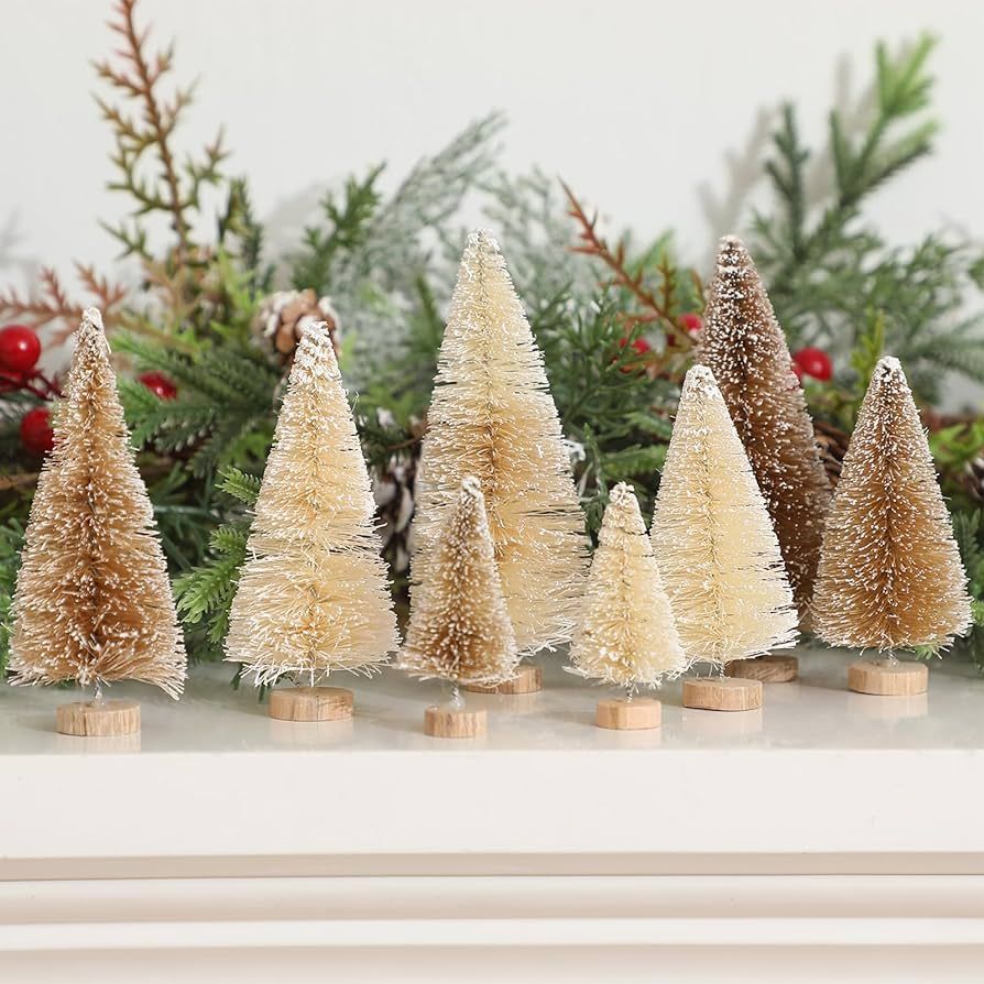 RoundFunny 8 Pcs Artificial Mini Christmas Trees Small Fake Bottle Brush Trees Snow Sisal Frosted... | Amazon (US)