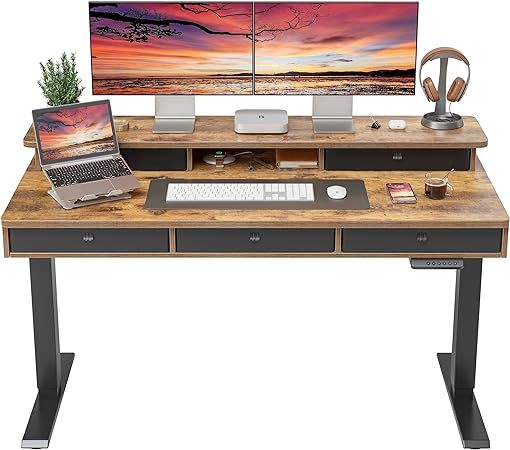 FEZIBO Sturdy Height Adjustable Electric Standing Desk with Drawers, 55 x 24 Inch Stand Up Table ... | Amazon (US)