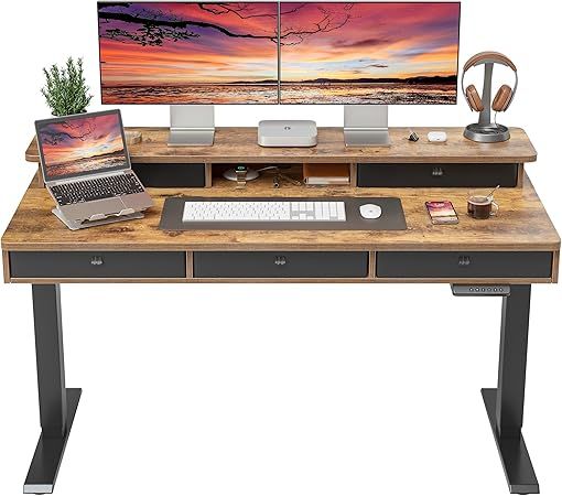FEZIBO Sturdy Height Adjustable Electric Standing Desk with Drawers, 55 x 24 Inch Stand Up Table ... | Amazon (US)