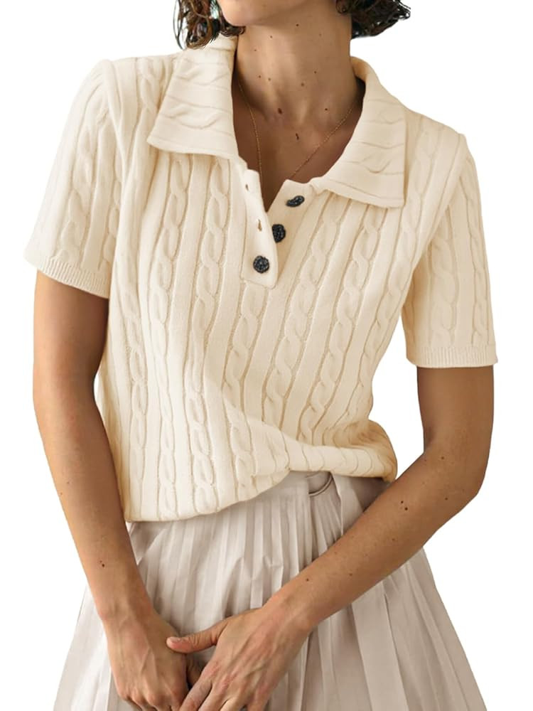 Imily Bela Womens Polo V Neck Pullovers Lightweight Short Sleeve Cable Knit Sweater Business Casu... | Amazon (US)