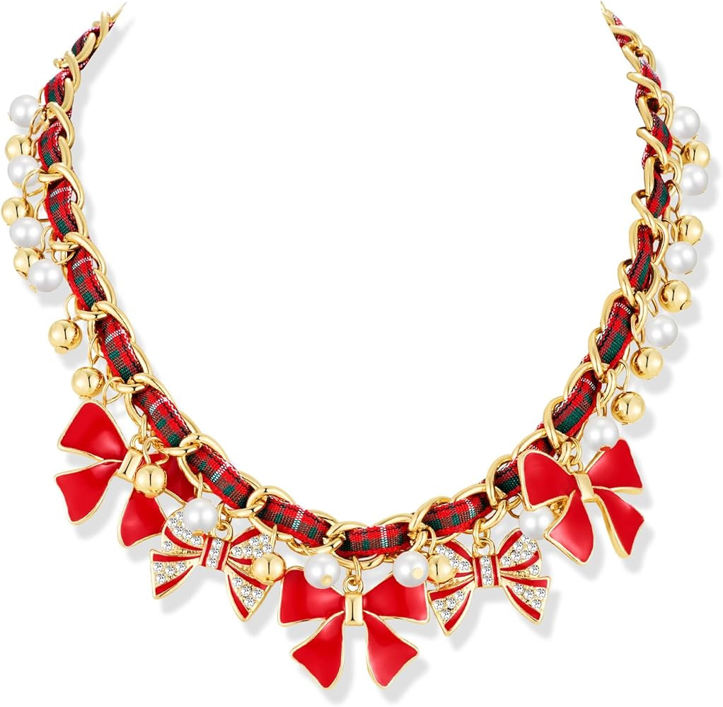 Christmas Necklace For Women - Gold Chain,Red Plaid,Pearl Necklace with Cute Xmas Charms Dainty C... | Amazon (US)