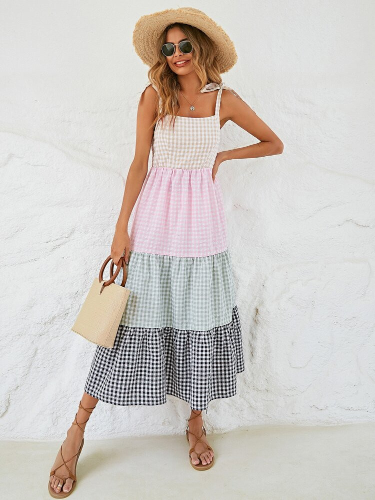 Knot Shoulder Colorblock Gingham Print Shirred Ruffle Hem Dress | SHEIN