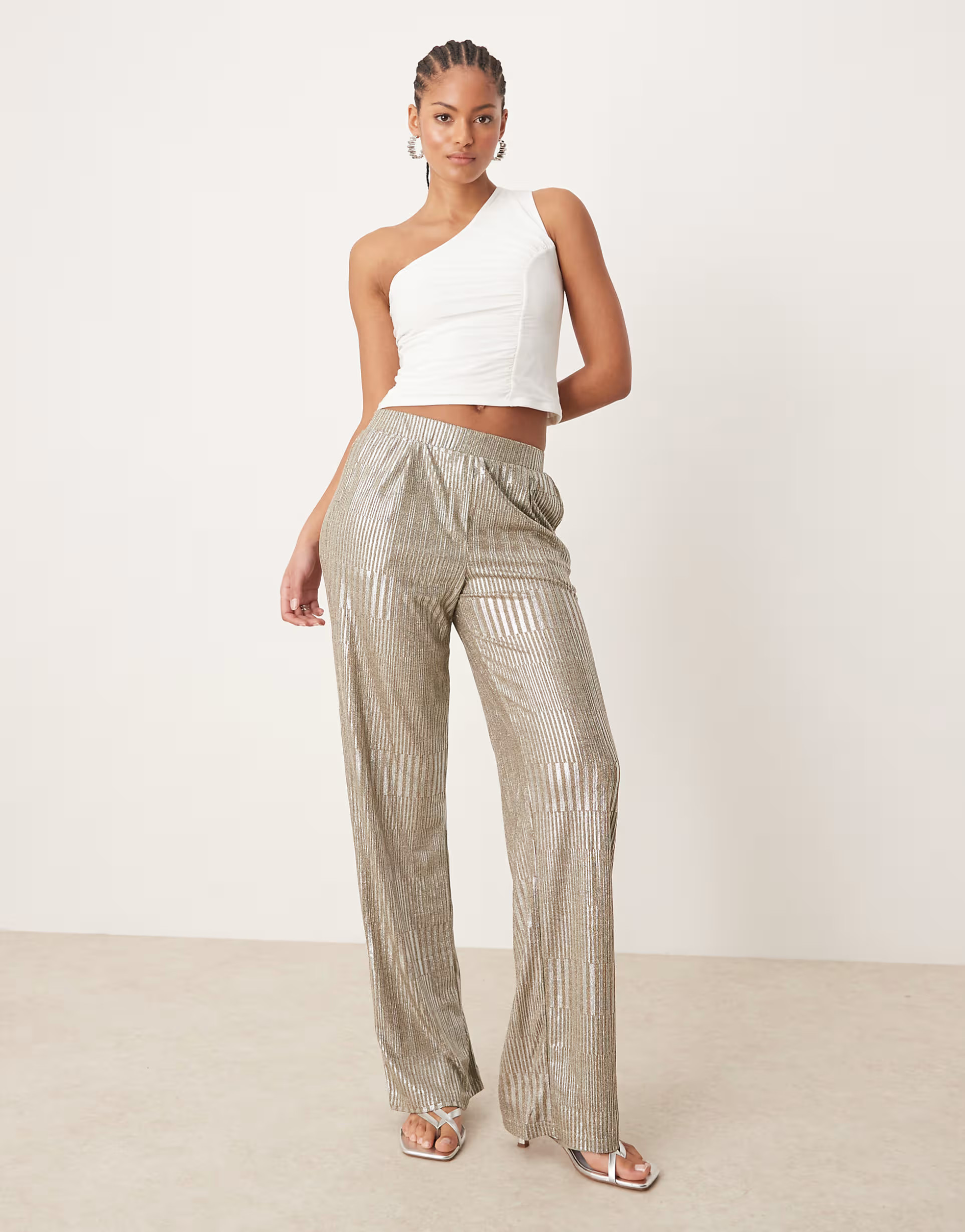 JDY Tall ribbed wide leg trousers in silver | ASOS (Global)