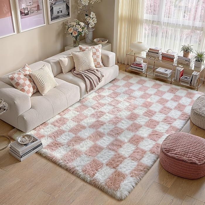 Pink Area Rug 6x9 for Living Room Soft Checkered Shag Carpet | Amazon (US)
