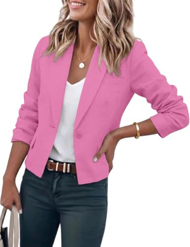 IDEALSANXUN Pink Blazer Woman 2026 Casual Lightweight Short Cropped Spring Jackets Summer Blazer Cotton Linen Cardigan Tops, Pink, M | Amazon (US)