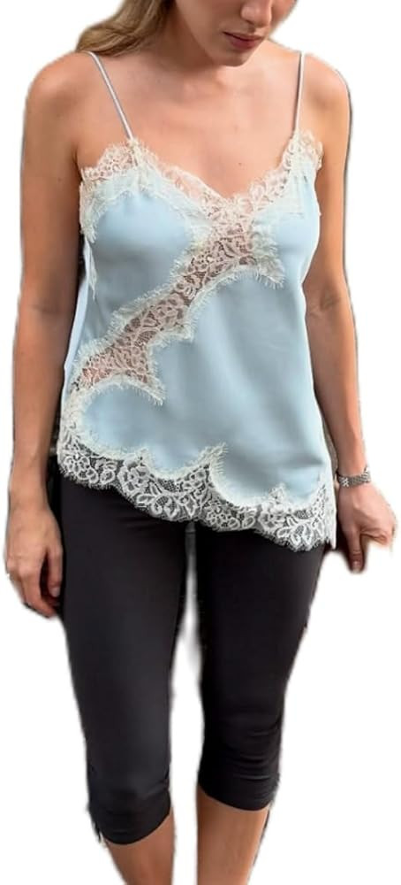 Women Satin Lace Camisole Top Sleeveless Spaghetti Strap Silk Lace Trim Cami Top Asymmetrical Tan... | Amazon (US)