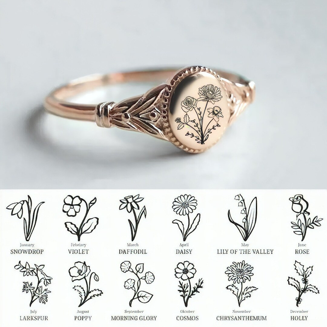 Personalized Birth Flower Ring, 12 Birth Month Flower Jewelry, Custom Mother  Floral Ring for Wom... | Etsy (US)