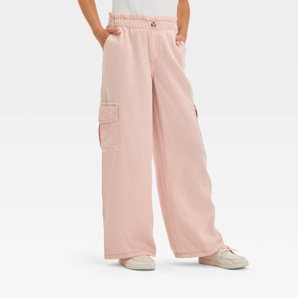 Girls' Paper Bag Wide Leg Chambray Woven Pants - Cat & Jack™ Light Wash Denim XL | Target