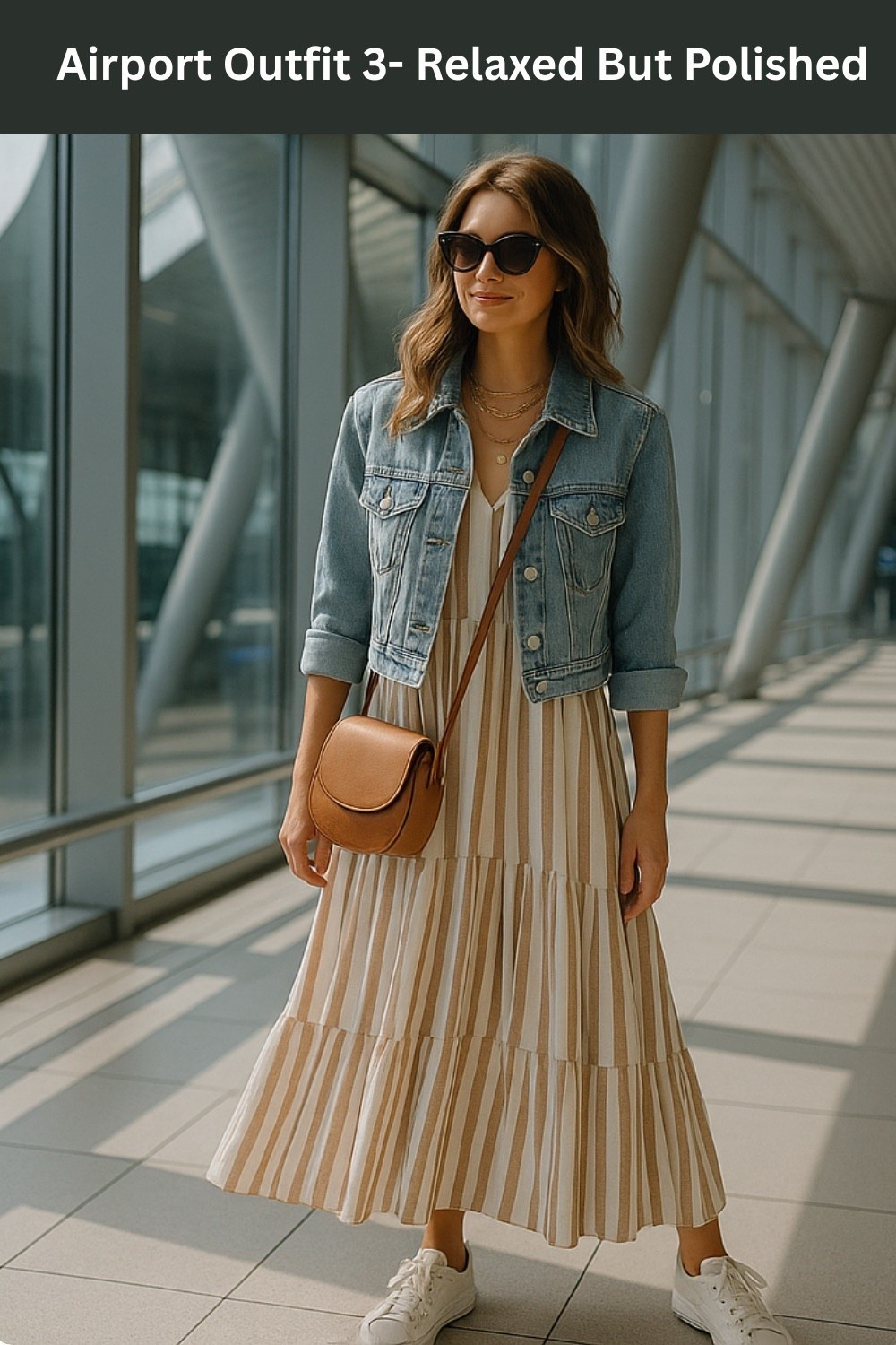 Travel days just got easier with this relaxed yet polished airport outfit. A breezy striped midi dress pairs perfectly with a classic denim jacket and white sneakers for comfort that still looks chic. Add a crossbody bag for hands-free ease and oversized sunglasses for that effortless travel vibe. #airportoutfit #travelstyle #casualchic