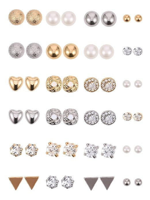 BBTO 24 Pairs Stud Earrings Crystal Pearl Earring Set Ear Stud Jewelry for Girls Women Men, Silve... | Amazon (US)