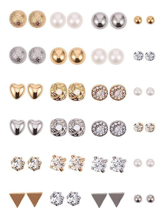 BBTO 24 Pairs Stud Earrings Crystal Pearl Earring Set Ear Stud Jewelry for Girls Women Men, Silve... | Amazon (US)