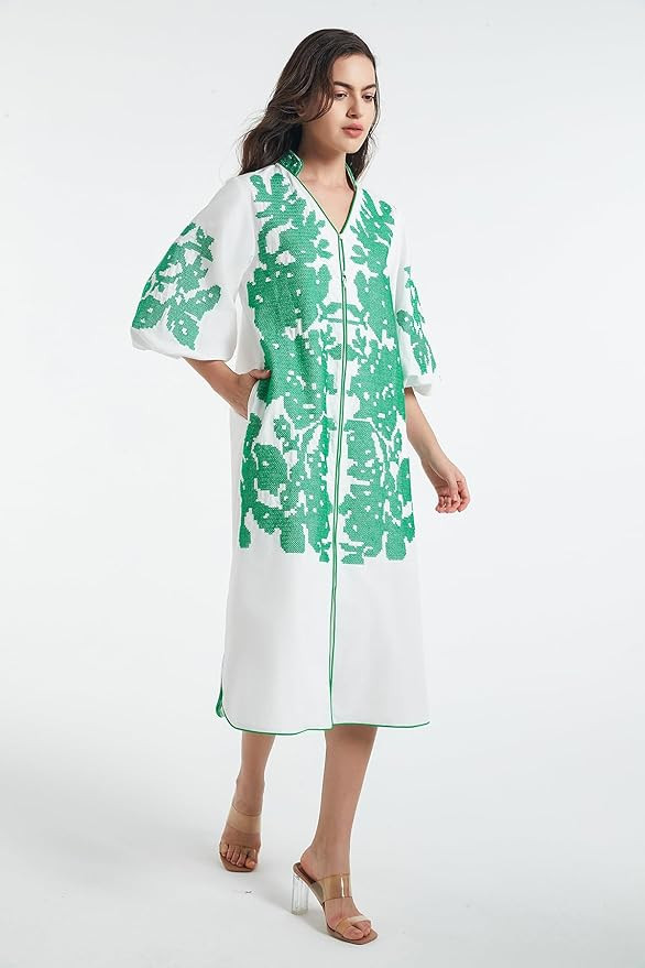 D-Sun Women Casual V-Neck Mid Dress Floral Embroidery 3/4 Sleeves Spring Summer Tunic Dress Loose... | Amazon (US)