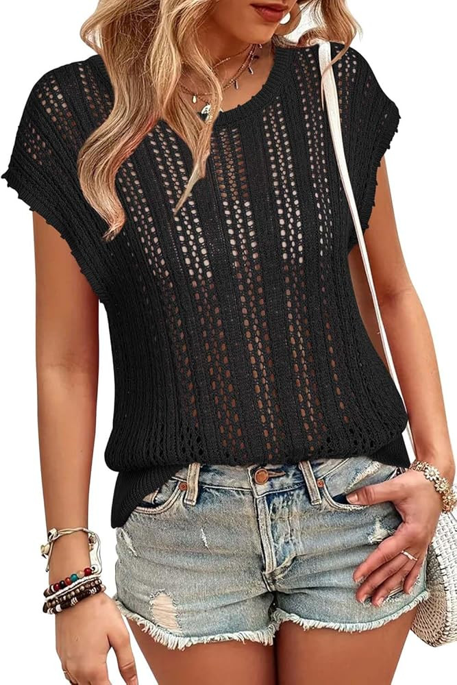 Arach&Cloz Womens Spring Summer 2024 Sweater Vest Cap Sleeve Crew Neck Crochet Knit Fashion Casua... | Amazon (US)