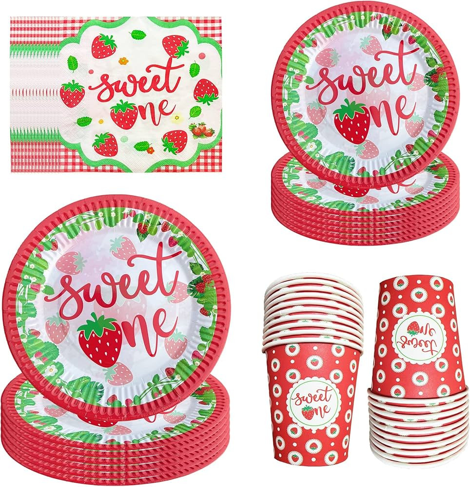 Strawberry Theme Birthday Decoration, Sweet One Birthday. 40pcs Paper Plates, 20pcs Cups. 20pcs N... | Amazon (US)
