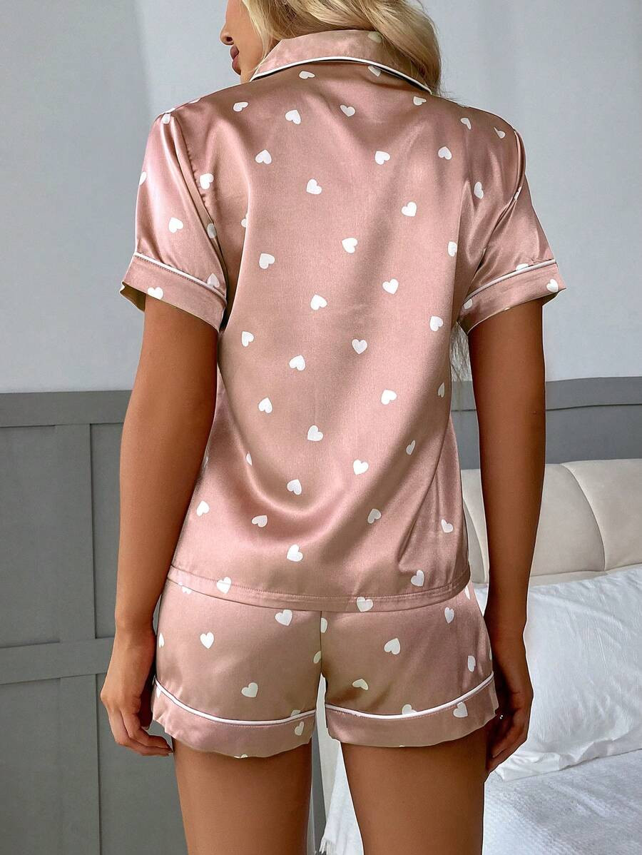 Imitation Silk Printed Peach Heart Short Sleeve Shorts Pajama Set | SHEIN