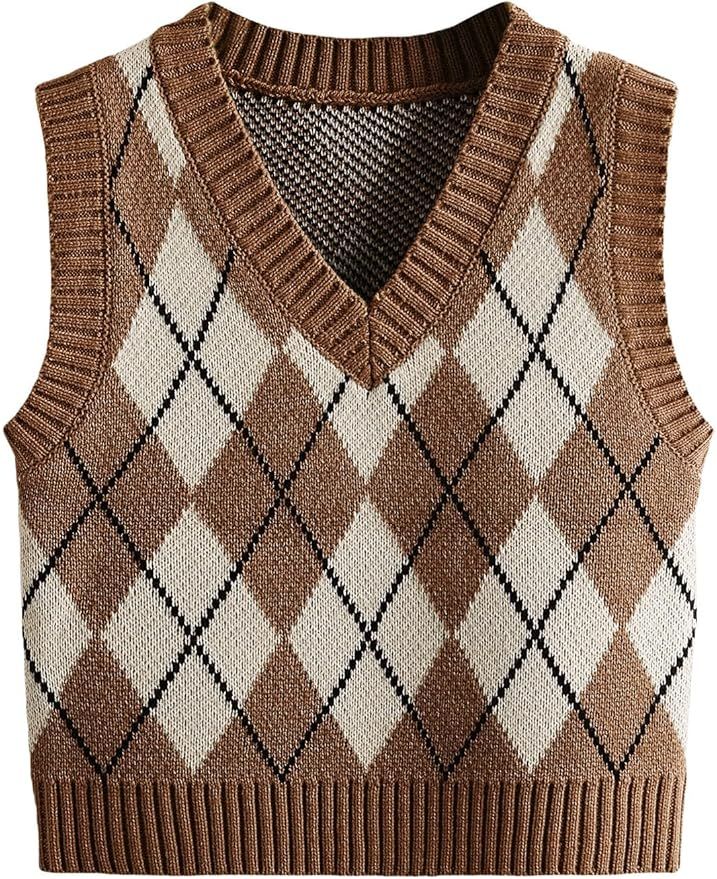 SweatyRocks Women's Plaid Geo Sleeveless V Neck Knit Crop Top Sweater Vest | Amazon (US)