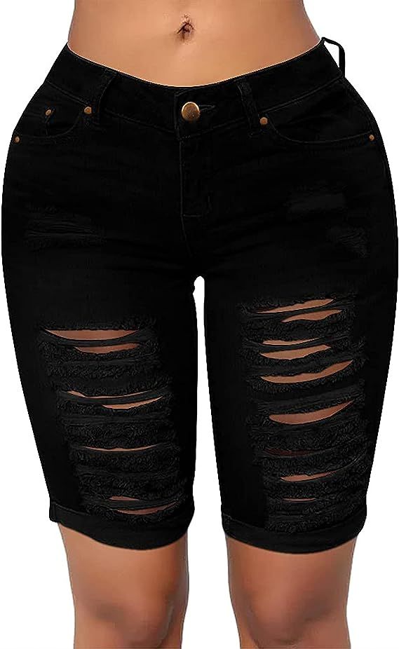 roswear Women's Distressed Ripped Mid Length Rolled Hem Shorts Jeans | Amazon (US)