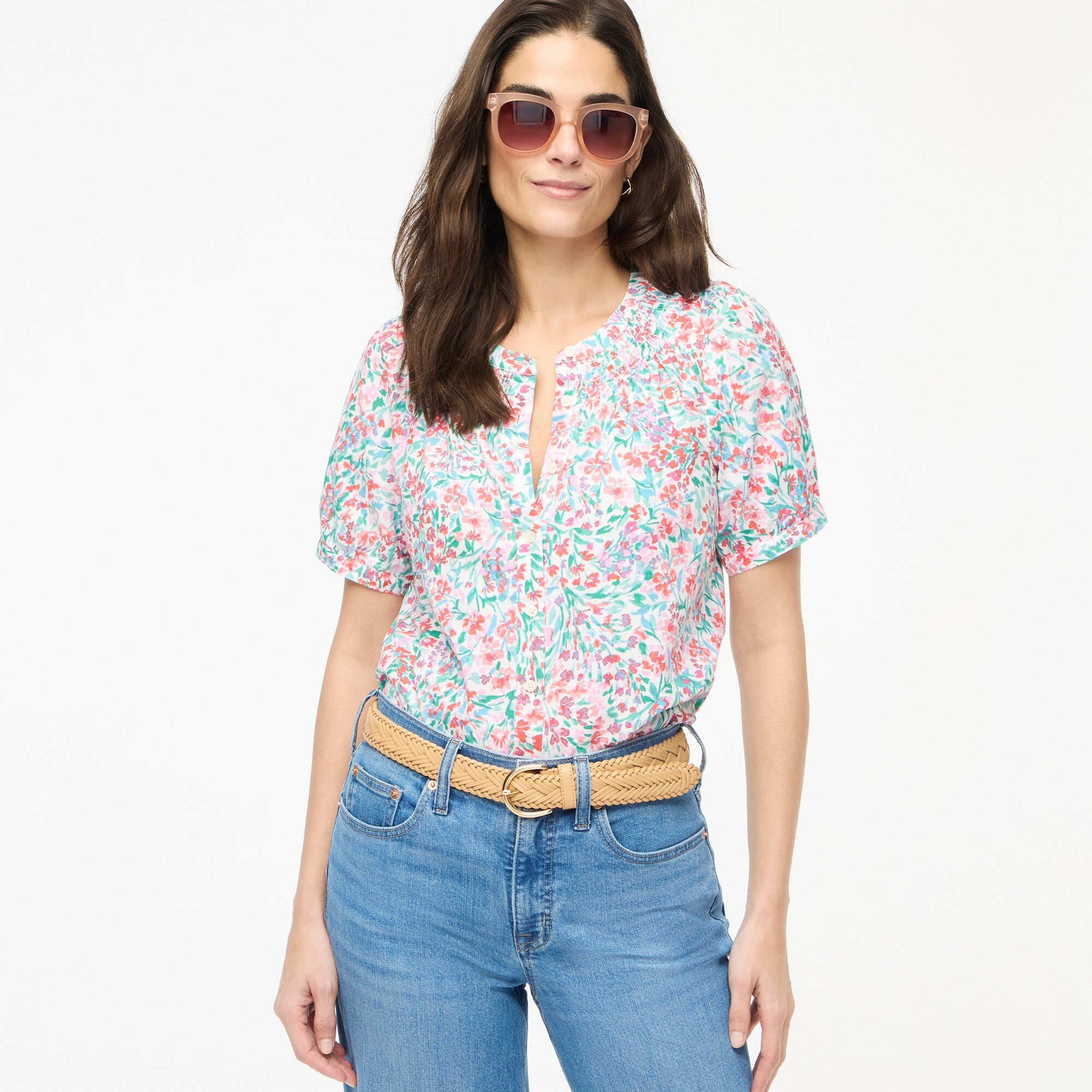 Linen-blend short-sleeve smock-neck top | J.Crew Factory